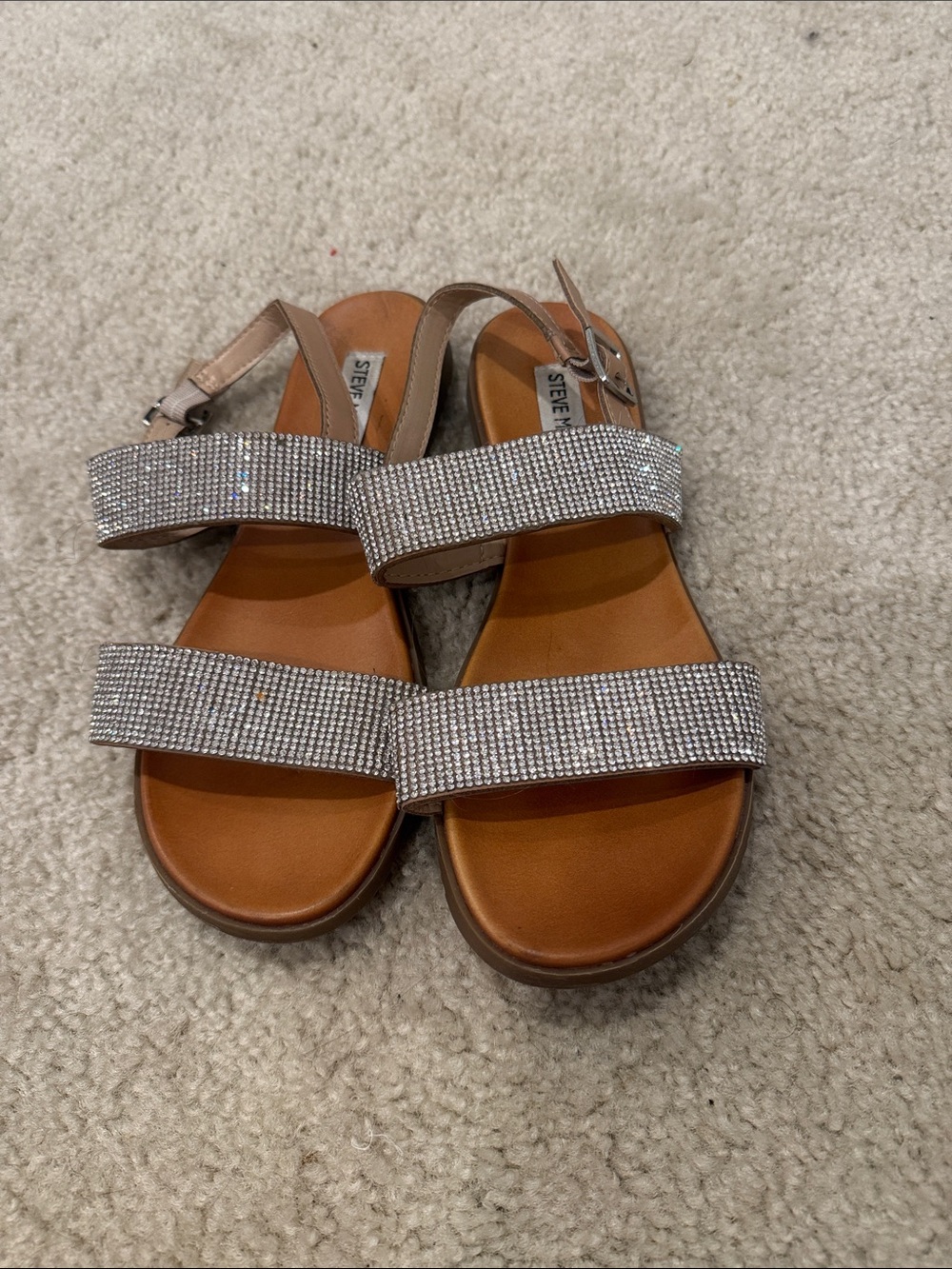 Steve Madden Crystal-Strap Sandals in Metallic Beige and Tan
